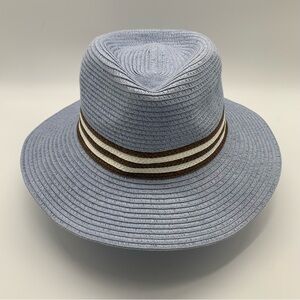 Blue Wide Brim Fedora Hat with Brown & White Band